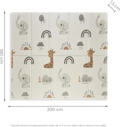 BabyWorld - FANCY - Tapis de Jeu pour Bébé 180x200 cm - Double Face, Très Rembourré (1,5 cm d’Épaisseur) - Pliable avec Sac de Transport (Éléphant/Arc-en-ciel) Éléphant/Arc-en-ciel 200 cm x 180 cm