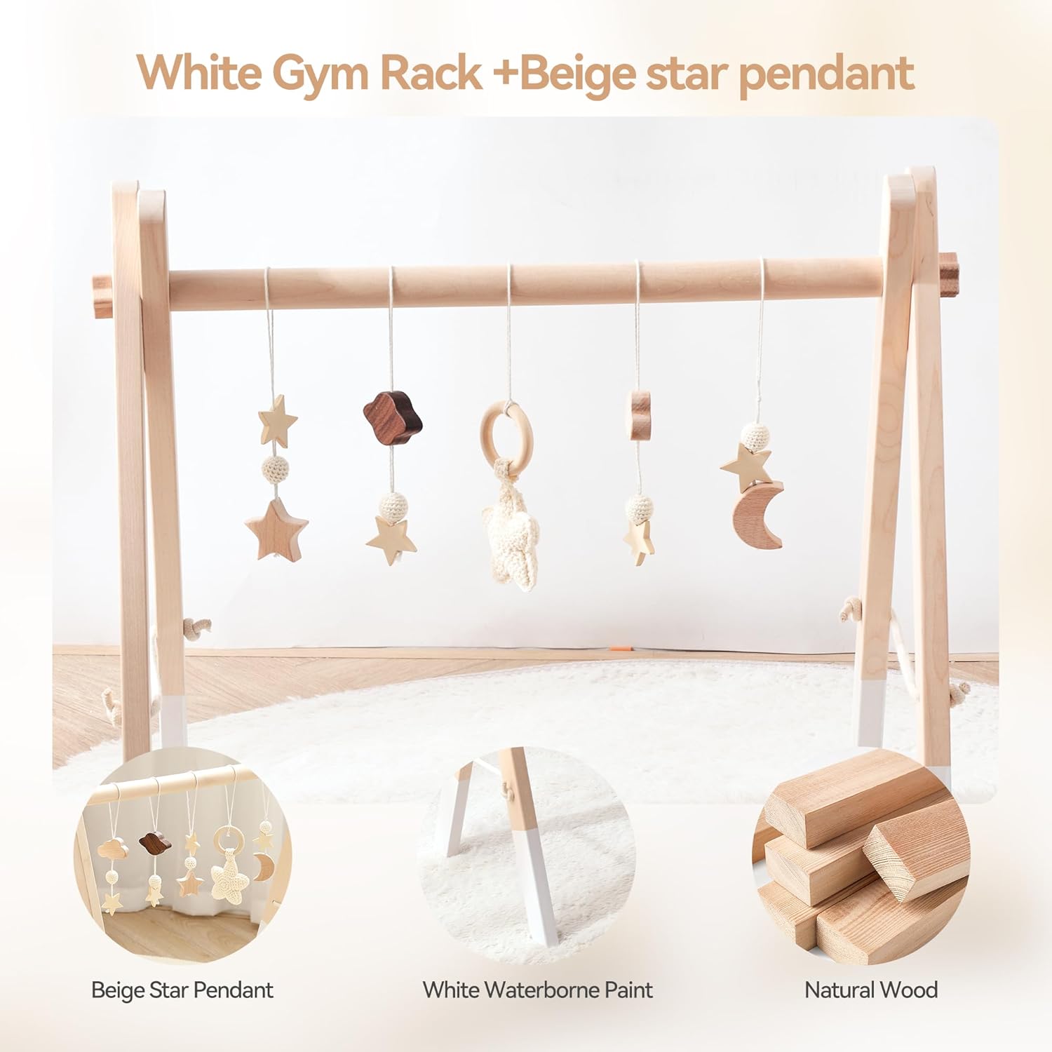 Arche de Jeu Bébé Bois Baby Gym Bois Arche de Jeu Bébé Nouveau-né Jouet Arche de Jeu Centre d'Activité Bébé Beige Etoiles Design Amovible Arche de Jeu Bébés Bois Pendentif étoile