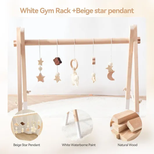 Arche de Jeu Bébé Bois Baby Gym Bois Arche de Jeu Bébé Nouveau-né Jouet Arche de Jeu Centre d'Activité Bébé Beige Etoiles Design Amovible Arche de Jeu Bébés Bois Pendentif étoile