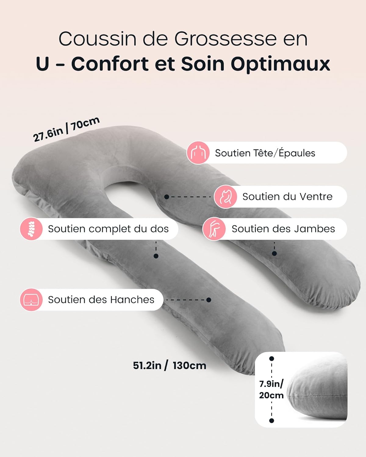 Nuliie Coussin de Grossesse pour Dormir, Oreiller de Corps Complet en Forme de U, Soutien pour Le Dos, Les Hanches et Les Jambes des Femmes Enceintes, avec Une Housse en Velours Lavable (Gris)