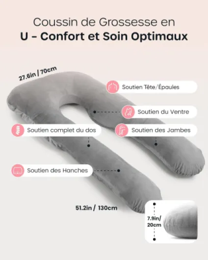 Nuliie Coussin de Grossesse pour Dormir, Oreiller de Corps Complet en Forme de U, Soutien pour Le Dos, Les Hanches et Les Jambes des Femmes Enceintes, avec Une Housse en Velours Lavable (Gris)