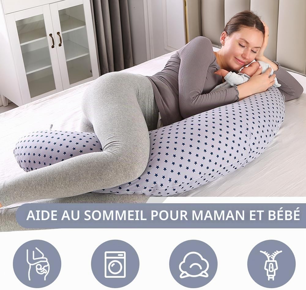 Chilling Home Coussin Allaitement 2 en 1 XXL Coussin de Grossesse Coussin d'allaitement pour Bébé,Oreiller de Grossesse avec Oreiller Intérieur et Housse en Coton Oreiller de Grossesse(Bleu) Étoile Bleue