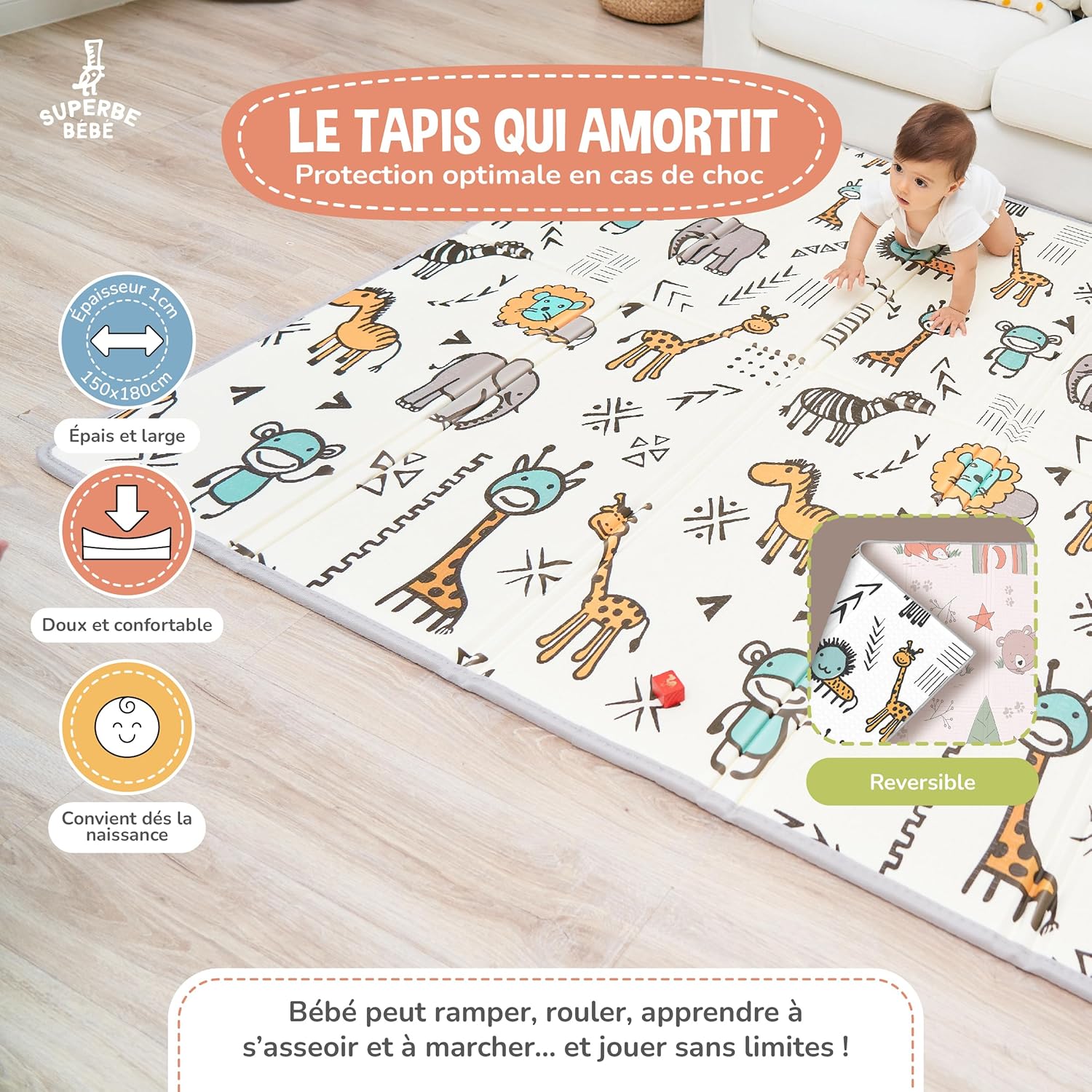 Tapis D'éveil Bébé Pliable Epais Réversible 150x180x1cm - Tapis De Jeu Pour Enfant Bebe - Tapis De Sol XXL En Mousse - Tapis De Motricité Favorisant Le Développement Sensoriel - Cadeau Naissance Bébé 150x180cm Fox-crazi Safari