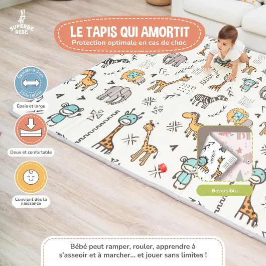 Tapis D'éveil Bébé Pliable Epais Réversible 150x180x1cm - Tapis De Jeu Pour Enfant Bebe - Tapis De Sol XXL En Mousse - Tapis De Motricité Favorisant Le Développement Sensoriel - Cadeau Naissance Bébé 150x180cm Fox-crazi Safari