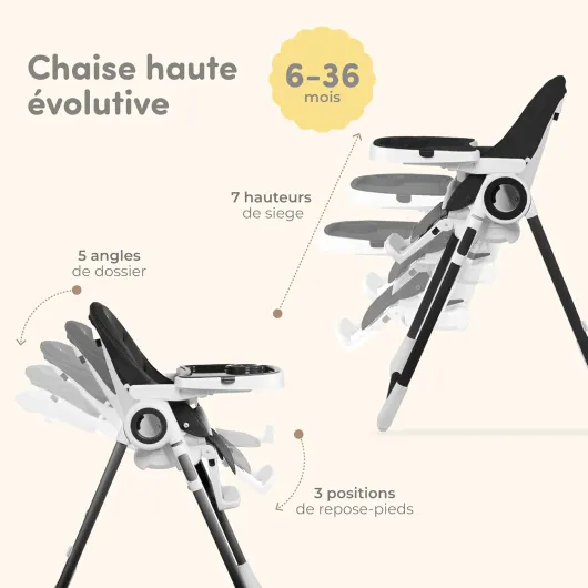 Chaise Haute Bébé Evolutive, Pliable et Réglable, Nettoyage Facile - Chaise haute bebe avec Barre de Jeux (de 6 mois à 3 ans, max 15kg) Noir Noire Profonde