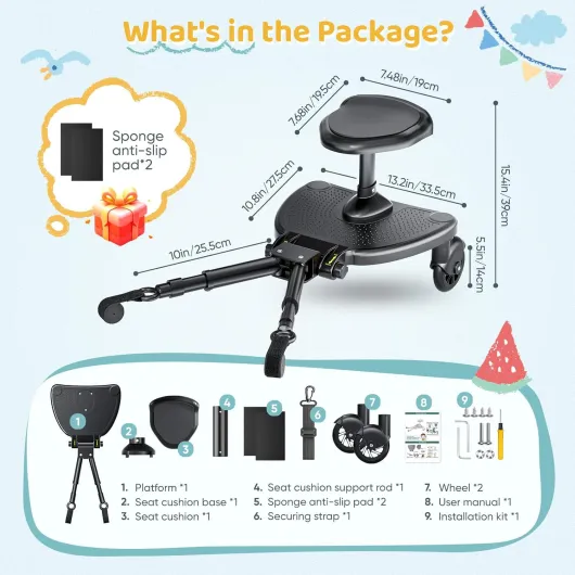 Planche Poussette Universelle avec Grand Siège, Planches à roulettes Compatible avec 99% des Poussettes, Skate Poussette Universelle, 2 en 1 Marche Pied Poussette Pour Enfants De 2 À 6 Ans (25 Kg) Noir avec grande assise