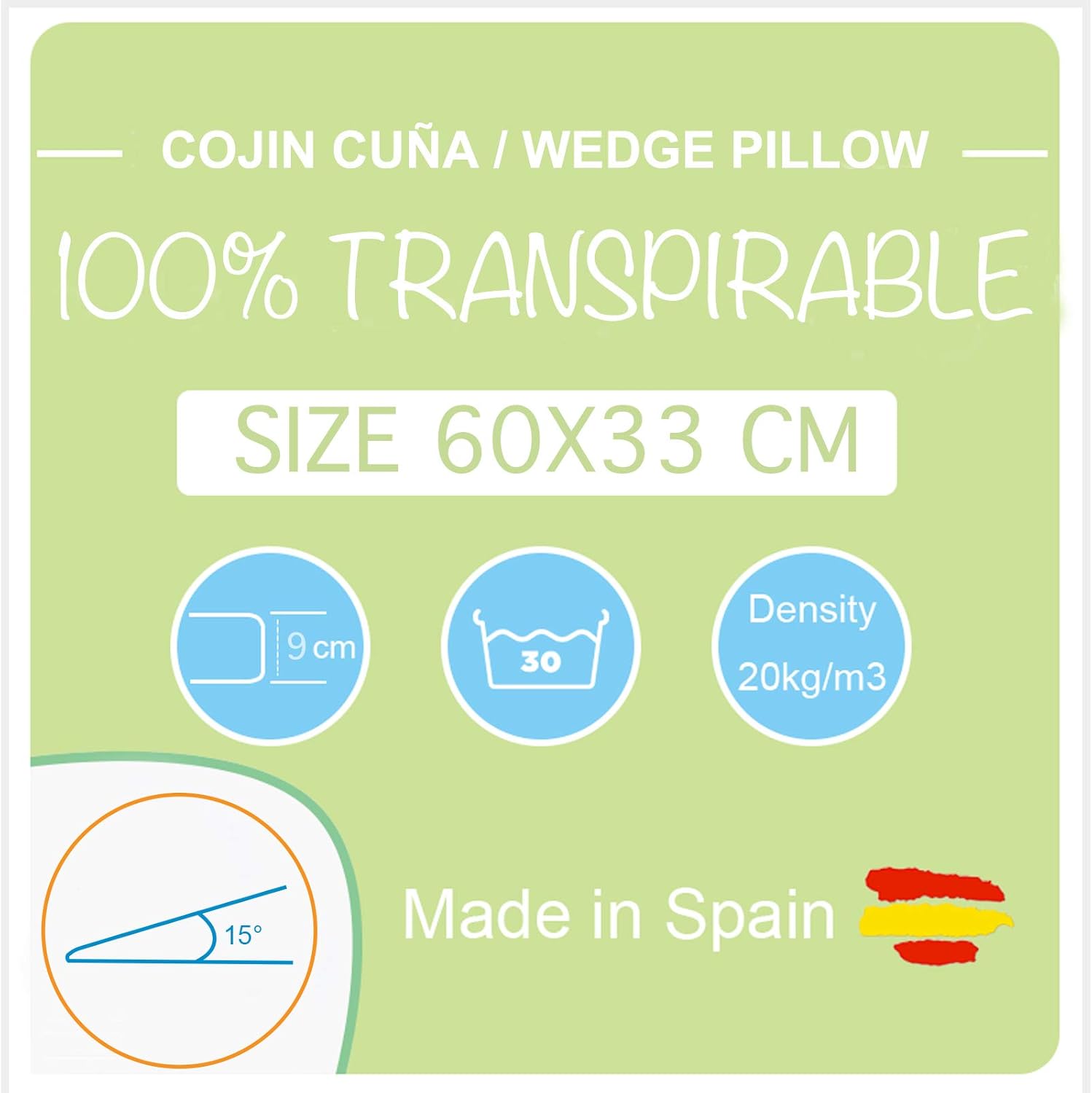 Coussin cale incliné anti-reflux Housse lavable AloeVera fabriquée en Espagne pour adultes (60 cm de large - 15° d'inclinaison) 60cm largeur - 15 Degrés d'inclinaison