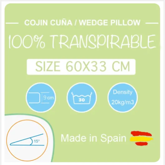 Coussin cale incliné anti-reflux Housse lavable AloeVera fabriquée en Espagne pour adultes (60 cm de large - 15° d'inclinaison) 60cm largeur - 15 Degrés d'inclinaison