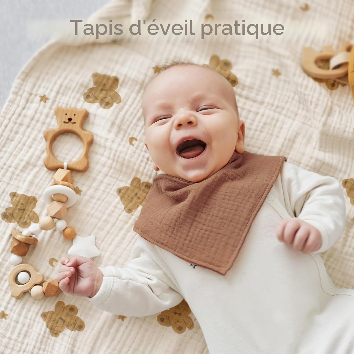 Langes Bébé 60x60 cm en Mousseline de Coton – Ultra Doux, Épais et Super Absorbant – Multi-Usages Couverture et Bavoir – Lot de 5, Fille et Garçon Ours Marron