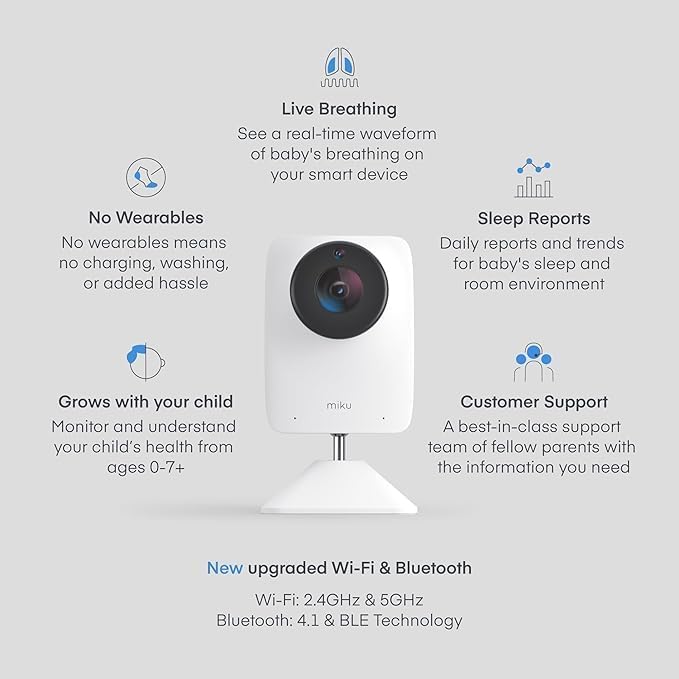 Miku Moniteur de bébé intelligent Pro avec caméra, suivi de la respiration en direct sans portable, alertes en temps réel, analyse du sommeil, vidéo Wi-Fi 1080p, vision nocturne et audio