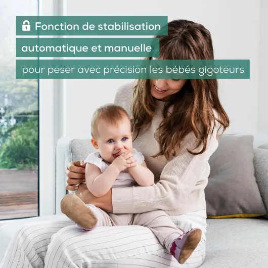 BY 90 Pèse-bébé connecté avec ruban mesureur intégré, application gratuite (iOS + Android), capacité de charge de 20 kg et fonction de maintien pour bébés gigoteurs avec application