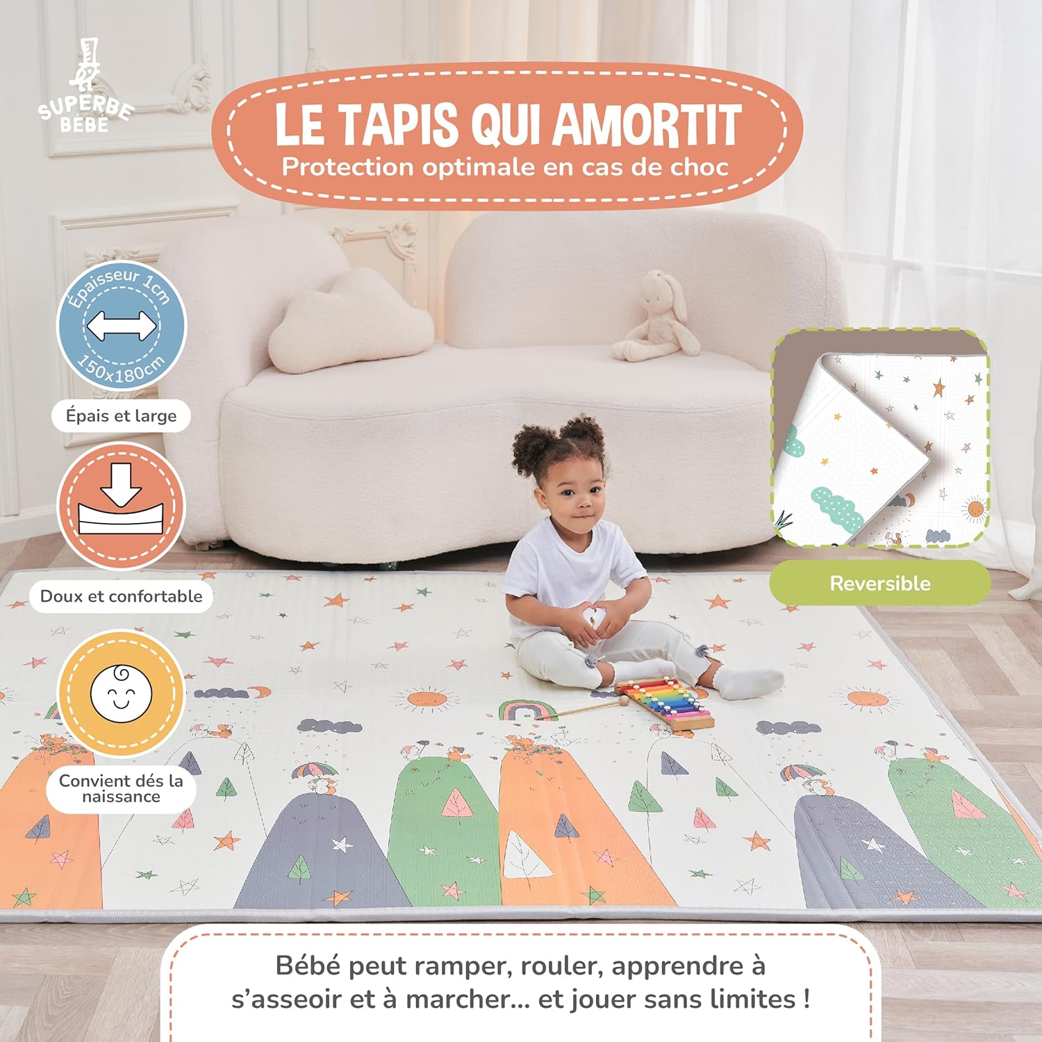 Tapis D'éveil Bébé Enfant Pliable Epais Réversible 150x180x1cm XXL - Tapis De Jeu De Sol et De Motricité En Mousse Favorisant Le Développement Sensoriel - Cadeau Naissance DINO 150x180cm Dino