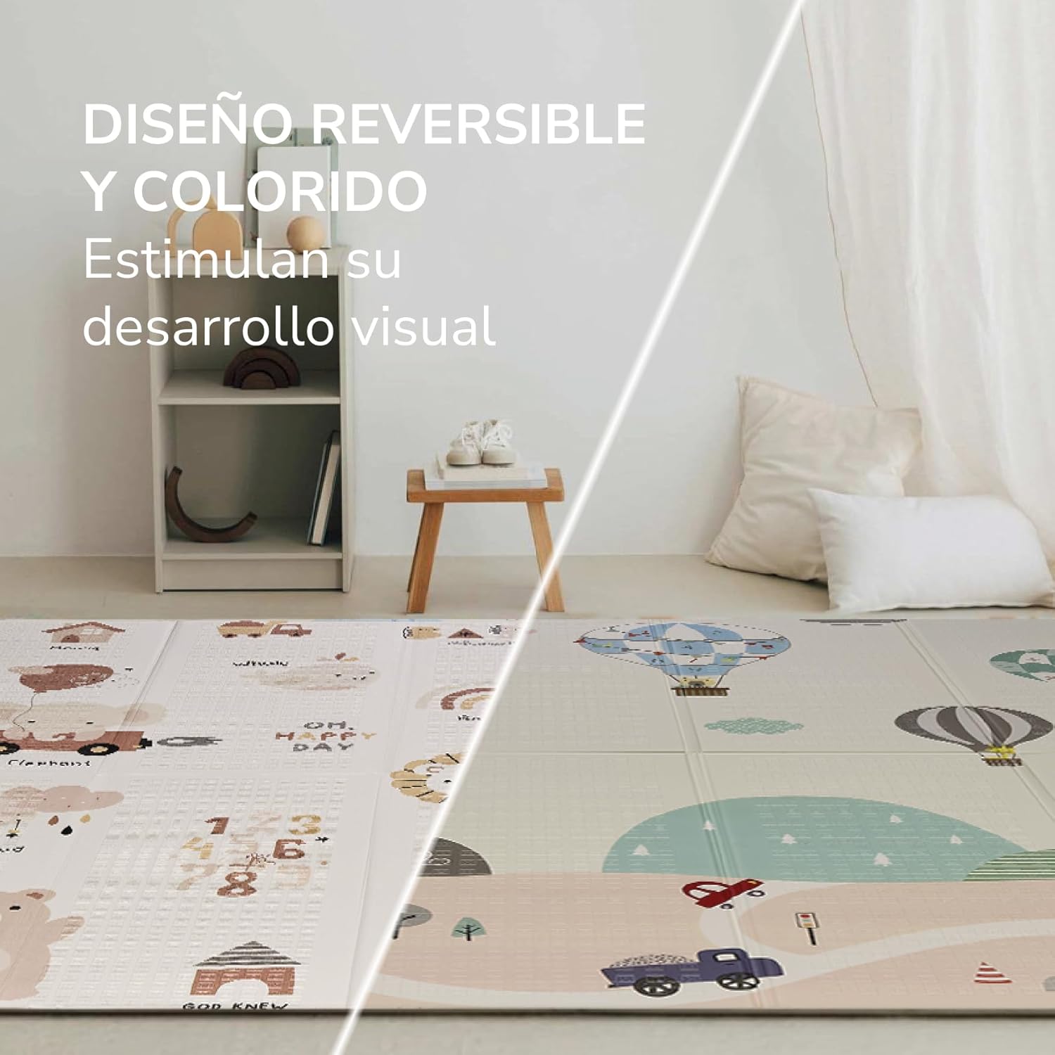 Tapis de jeu XXL pour bébé, 180 x 200 cm, double face, rembourré, pliable et avec sac de transport - Dès la naissance - Idéal comme cadeau Ballons/Ours