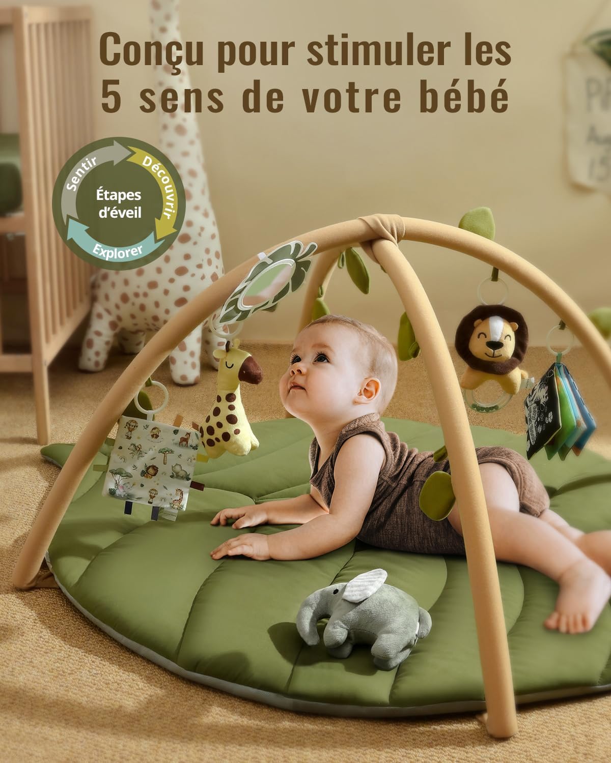 Tapis d'éveil Bébé avec Arche Amovible, Forme des Feuilles Tapis Éveil Bébé 6 Jouets - Développement Sensoriel et Moteur Progressif, Enfant, Fille et Garçon, Vert Forêt