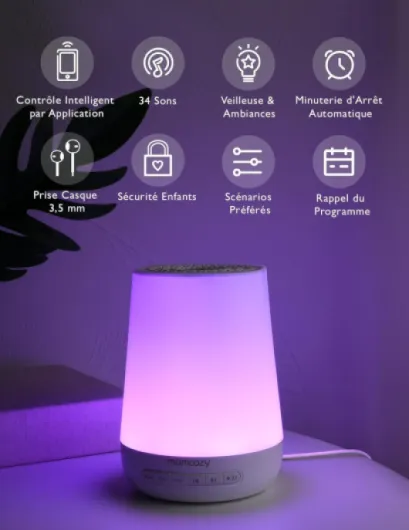 Machine à Bruit Blanc,Sommeil à Bruit Blanc Portable pour Bébé Adulte,White Noise Machine avec 34 Sons,DB03 Bruit Blanc Bebe Thérapie,White Noise Machine Veilleuse 7 Couleurs,Contrôle APP