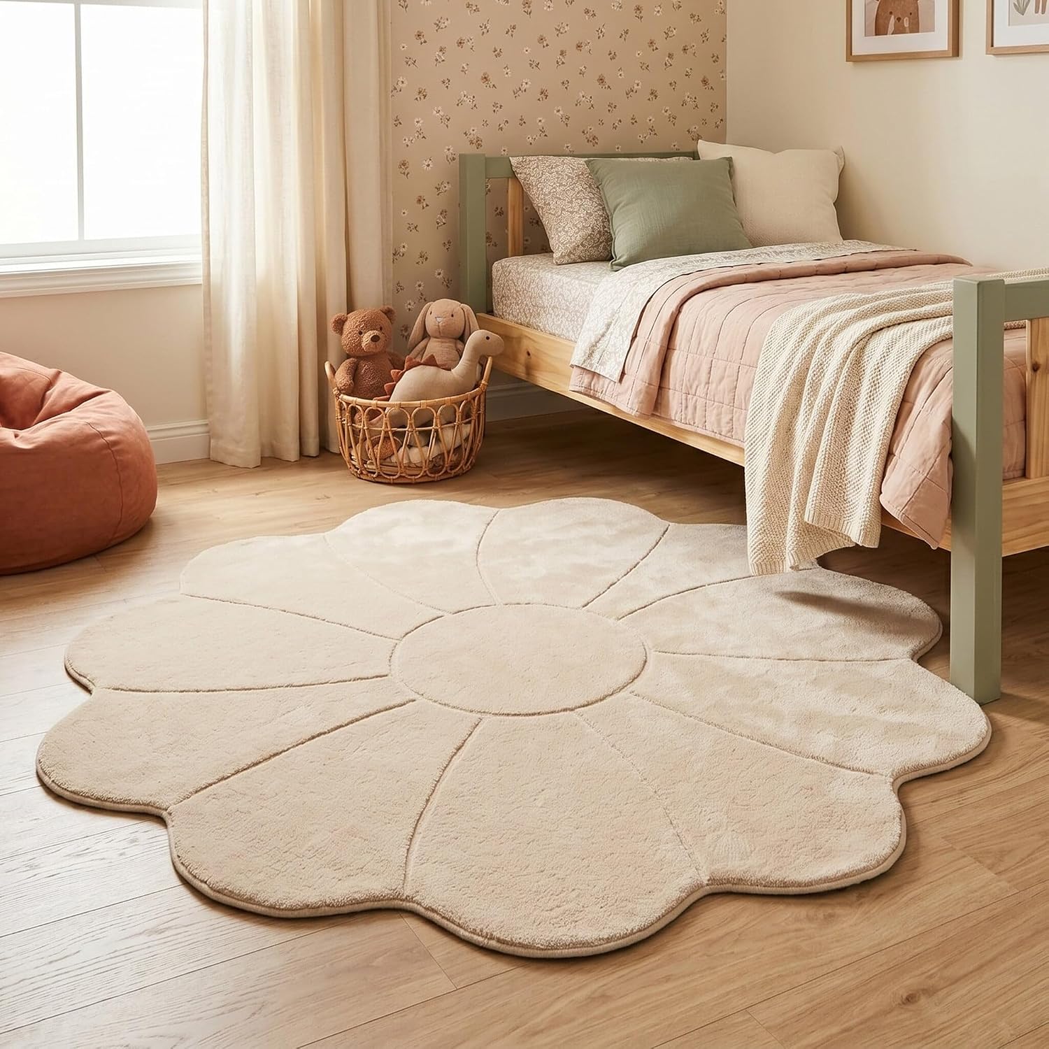 Little Olly Tapis Lavable pour Enfant - Coco Flower Beige - Ø 120 cm - Garçon et Fille - Lavable en Machine - Chambre Bebe - Irréguliers Beige 120 x 120 cm (Irréguliers)
