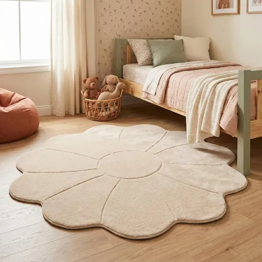 Little Olly Tapis Lavable pour Enfant - Coco Flower Beige - Ø 120 cm - Garçon et Fille - Lavable en Machine - Chambre Bebe - Irréguliers Beige 120 x 120 cm (Irréguliers)