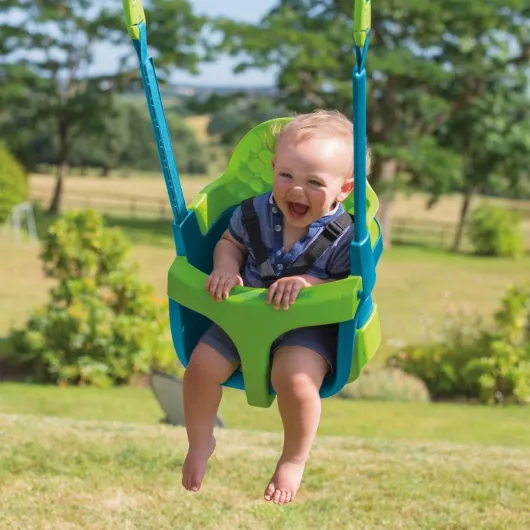 TP Toys Fauteuil Bébé Évolutif Quadpod 4 en 1 – Balançoire Bébé de 6 Mois à 8 Ans – Sangles d’Extension pour Portiques Hauts et Bas – Sécurisée et Confortable – Bleu/Vert