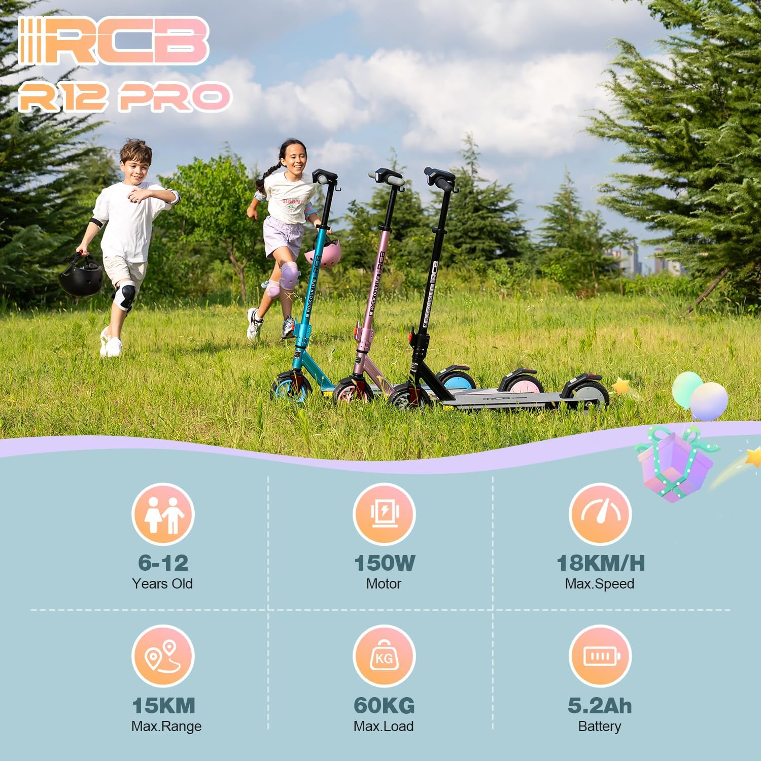 R12 Pro Trottinette électrique Enfant âge 6-12 Ans,jusqu'à 18km/h & 15 km,Réglage Hauteur,7" Pliable E-Scooter, Deux Types Freins, Lumières colorées, écran LED, Cadeau pour Enfant AA Noir