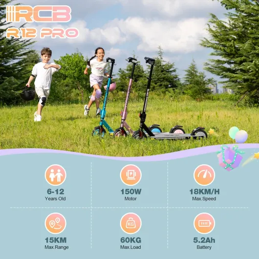R12 Pro Trottinette électrique Enfant âge 6-12 Ans,jusqu'à 18km/h & 15 km,Réglage Hauteur,7" Pliable E-Scooter, Deux Types Freins, Lumières colorées, écran LED, Cadeau pour Enfant AA Noir