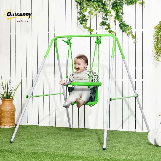 Balançoire portique pour Enfants de 6 à 36 Mois capacité de Charge de 25 Kg en Acier avec Pieds antidérapants extérieur et intérieur Hauteur 122 cm Vert
