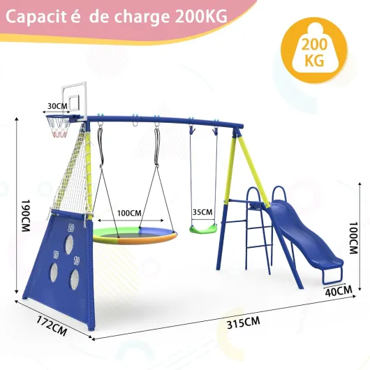 Redkid Ensemble balançoire de jardin avec toboggan, capacité 200 kg, 5 en 1 pour extérieur, avec plateau, balançoire, siège balançoire, buts de football et panier de basket, ensemble de jeu pour Bleu et Jaune