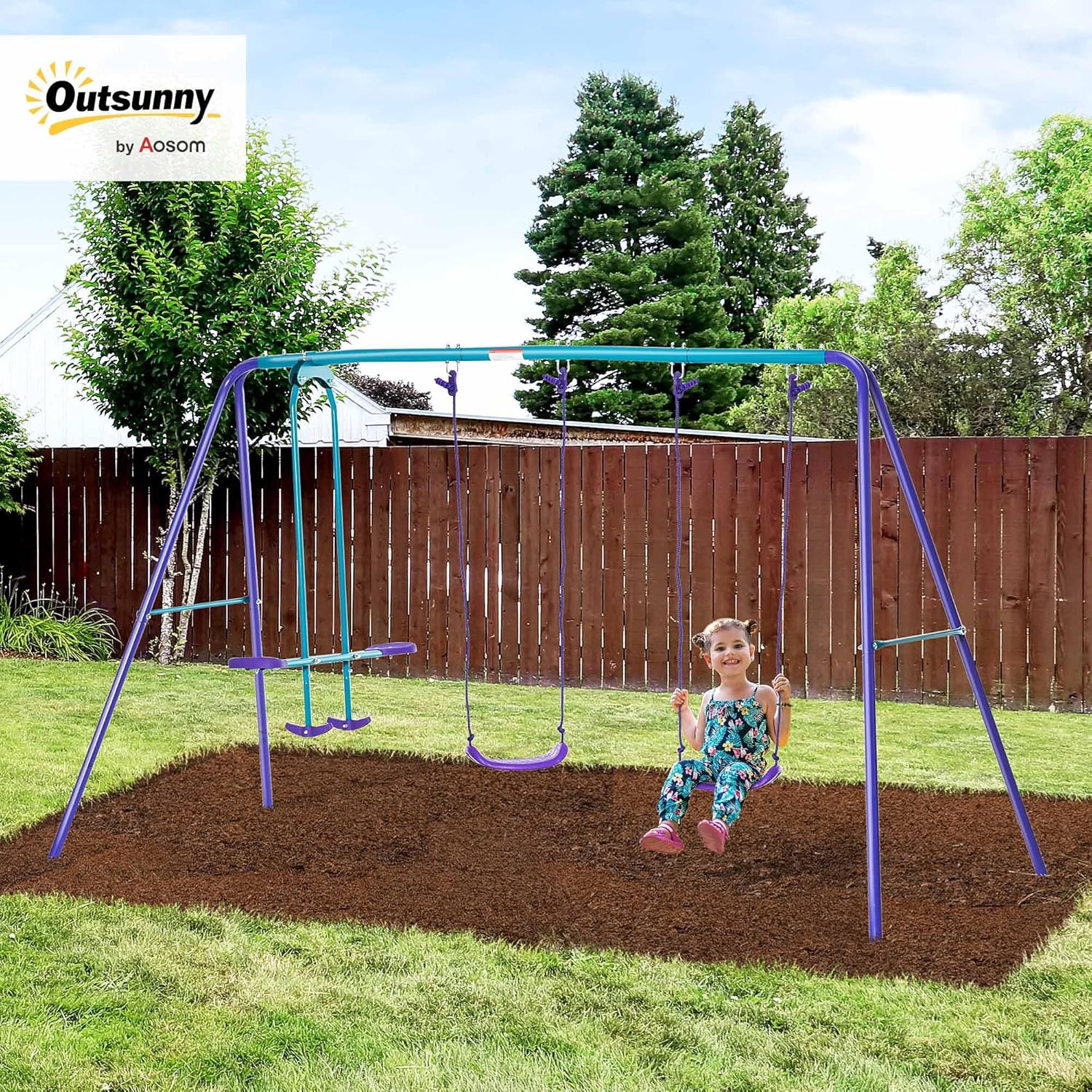Balançoire portique pour Enfant 3 en 1 avec 1 balançoire Face à Face et 2 sièges de balancelle, balançoire Enfant extérieur en métal, Hauteur réglable, Charge 180 kg, pour 3+Ans, Violet