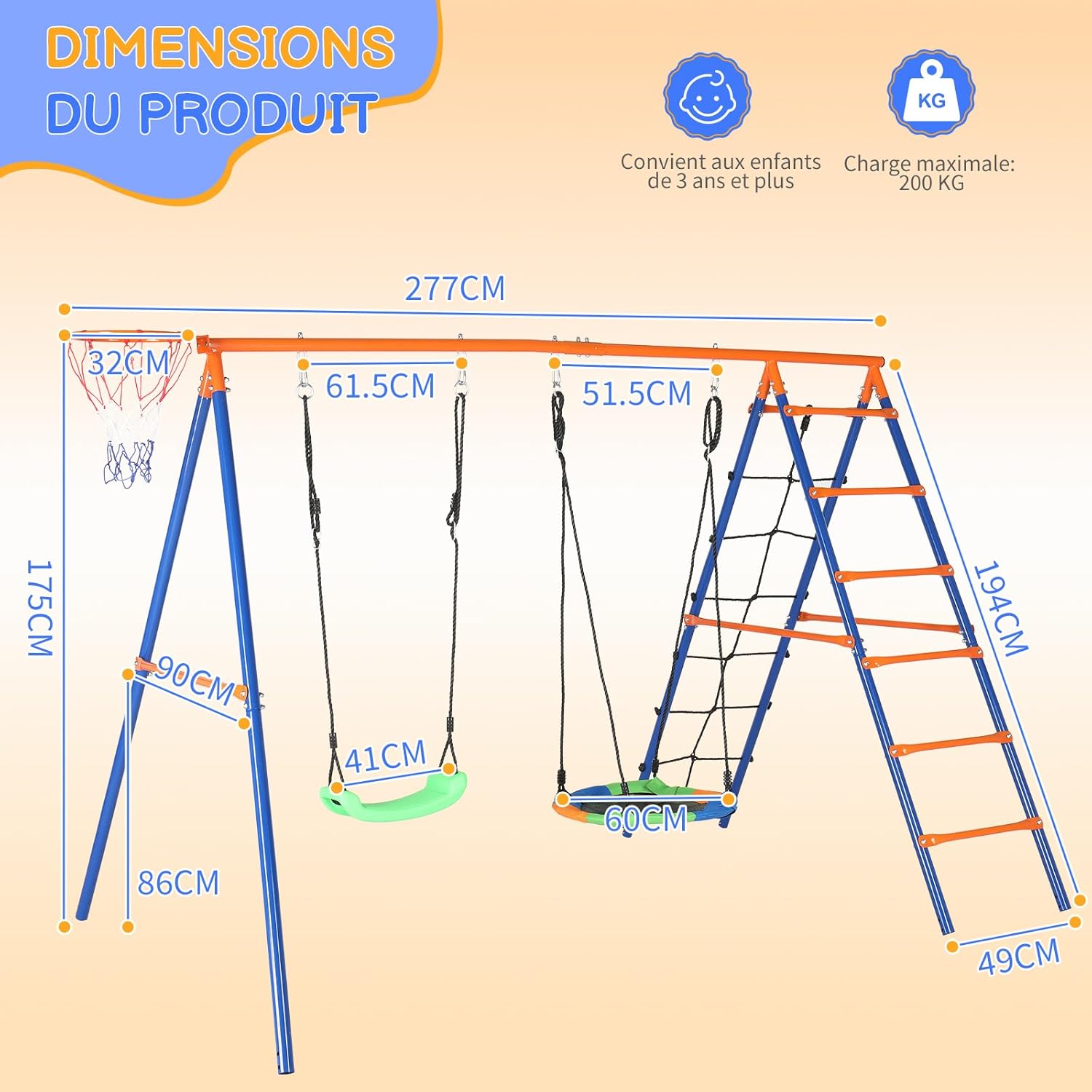 Ensemble de Balançoires d'Extérieur pour Enfants avec Structure d'escalade, Panier de Basket, Ancrage au Sol, Charge Maximale Supportée : 200 kg, Balançoire Double en A, 277 x 180 x 175 cm All Set