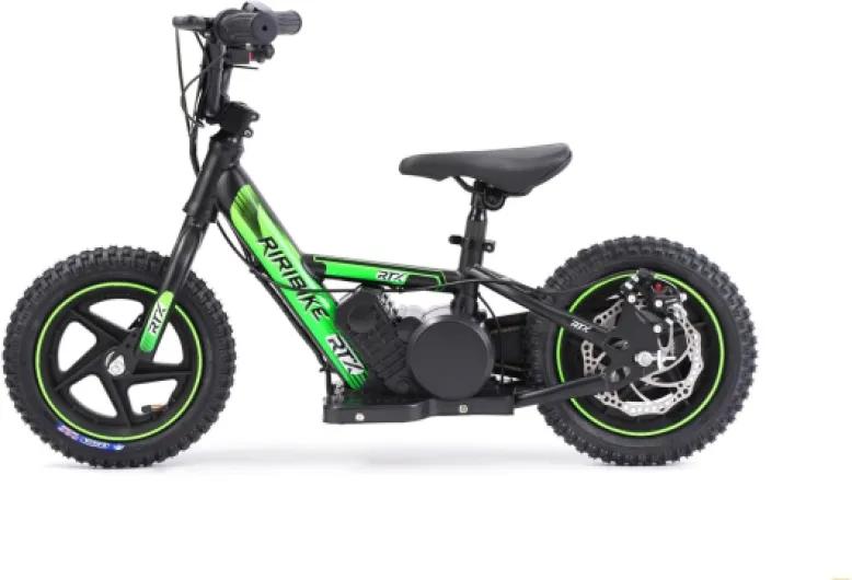 Draisienne électrique pour Enfants RIRIBIKE RTX3 24V (12"), Verte, Batterie au Lithium, Moteur 100W, Frein à Disque, Siège PU Souple réglable