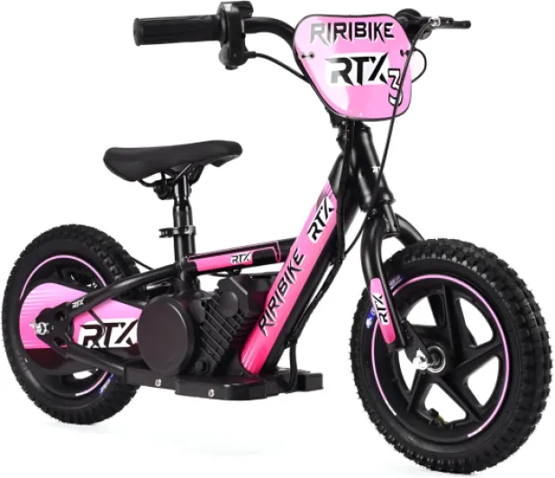 Draisienne électrique pour Enfants RIRIBIKE RTX3 24V (12"), Rose, Batterie au Lithium, Moteur 100W, Frein à Disque, Siège PU Souple réglable