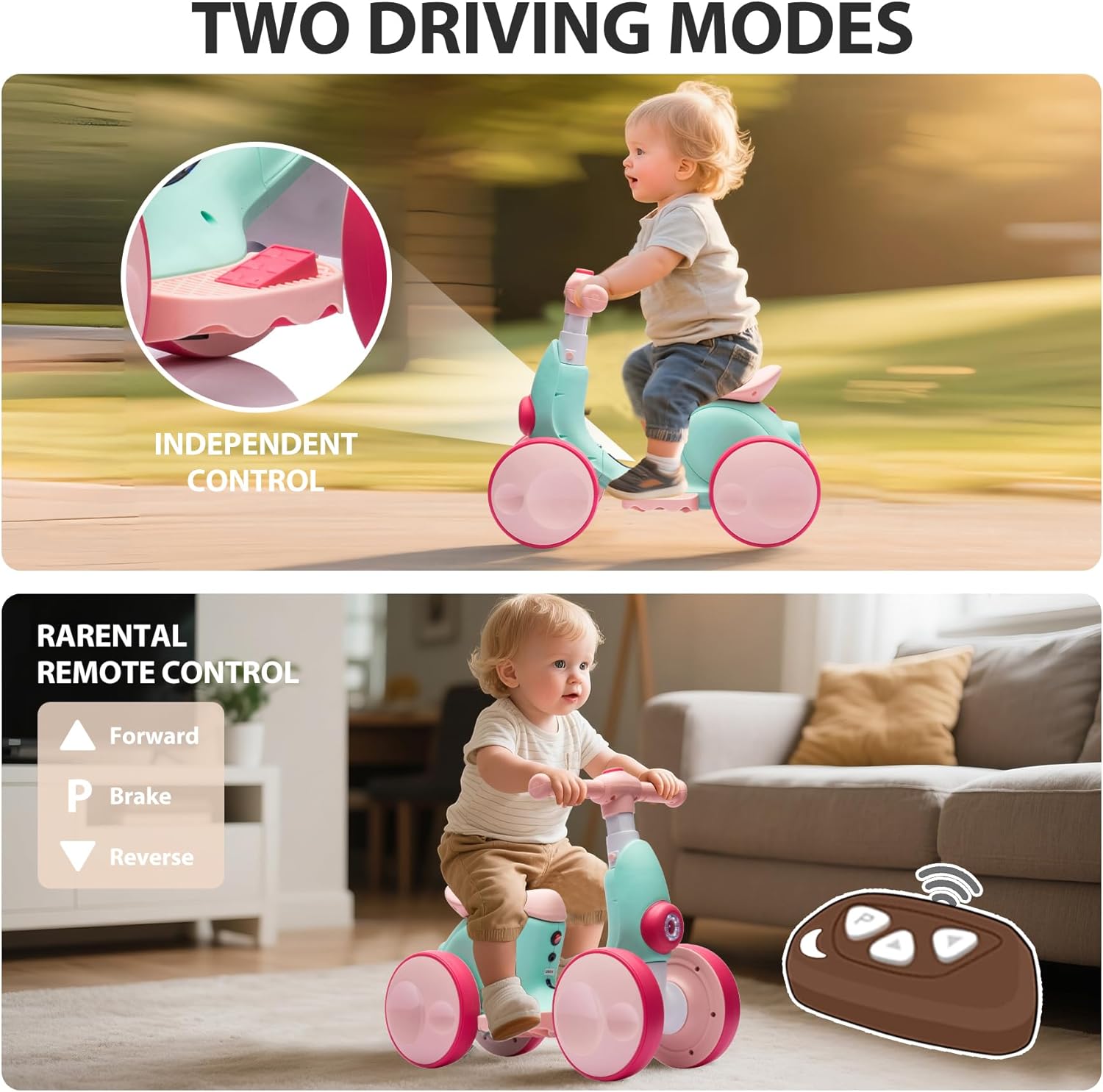 Draisienne Électrique pour Tout-Petits avec Machine à Bulles pour Garçons et Filles De 1 an, Draisienne 4-en-1 pour Enfants avec Musique et Lumières LED, Jouet Cadeau pour 12-48 Mois Rose-vert