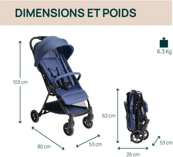 Poussette Urbino, 0 plus Mois - 22 Kg, Poussette Bebé Légere et Compacte, Confortable, Pliage d'une seule main, Capote Extensible avec Protection Contre la Pluie UV50 Plus, Repose-Jambes, Bleu