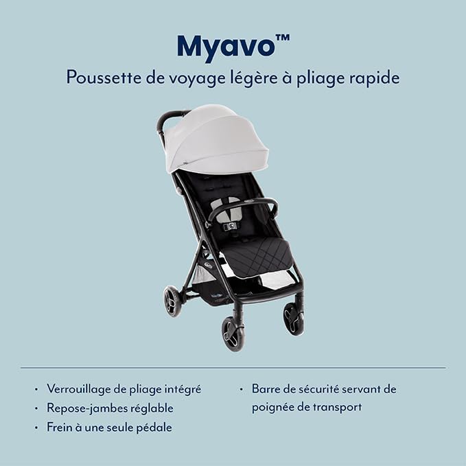 Graco Myavo Poussette de voyage légère avec pliage rapide, de la naissance à environ 4 ans (0-22 kg), se plie rapidement, tient debout une fois pliée, habillage pluie inclus, gris, Steeple Gray Myavo Steeple Gray