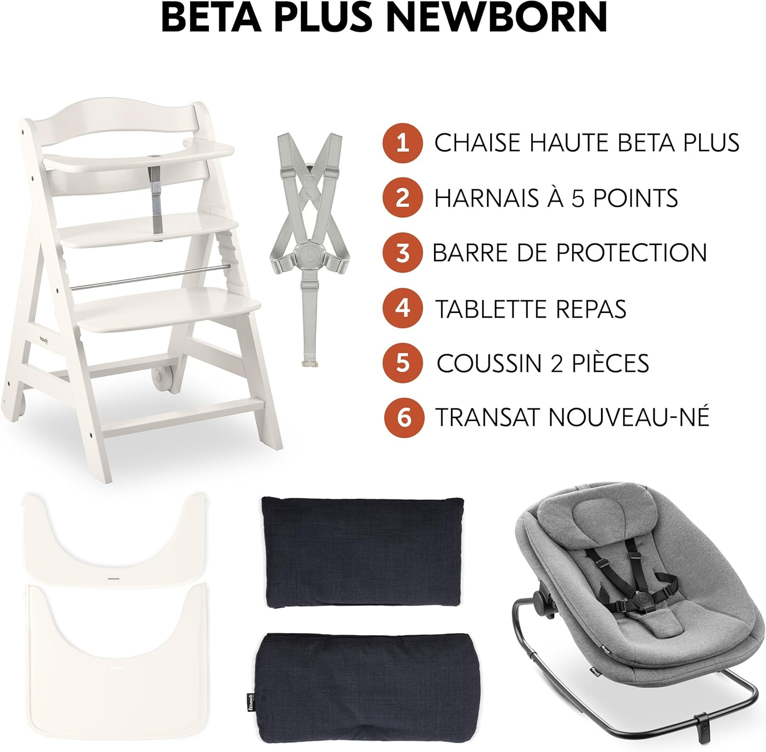 Chaise Haute Bébé Evolutive en Bois Beta+ Newborn Set Highchair Bouncer 3en1 – dès la Naissance avec Transat Bebe, Coussin Assise et Plateau Repas – Blanc