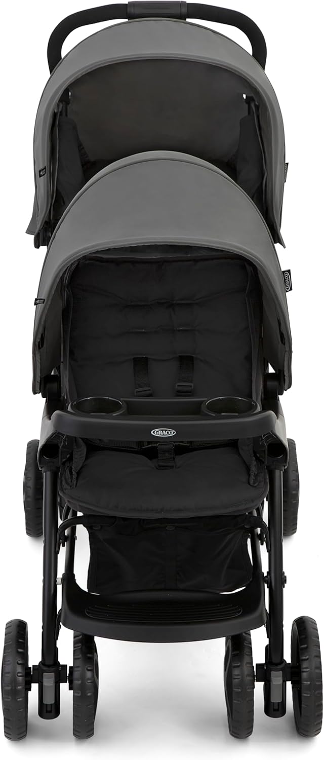 Graco Stadium Duo® Poussette double, de la naissance à environ 3 ans (0-15 kg), utilisable aussi avec une nacelle, dossiers réglables, pliable, grand panier de rangement, plateaux-repas, Titanium Titane