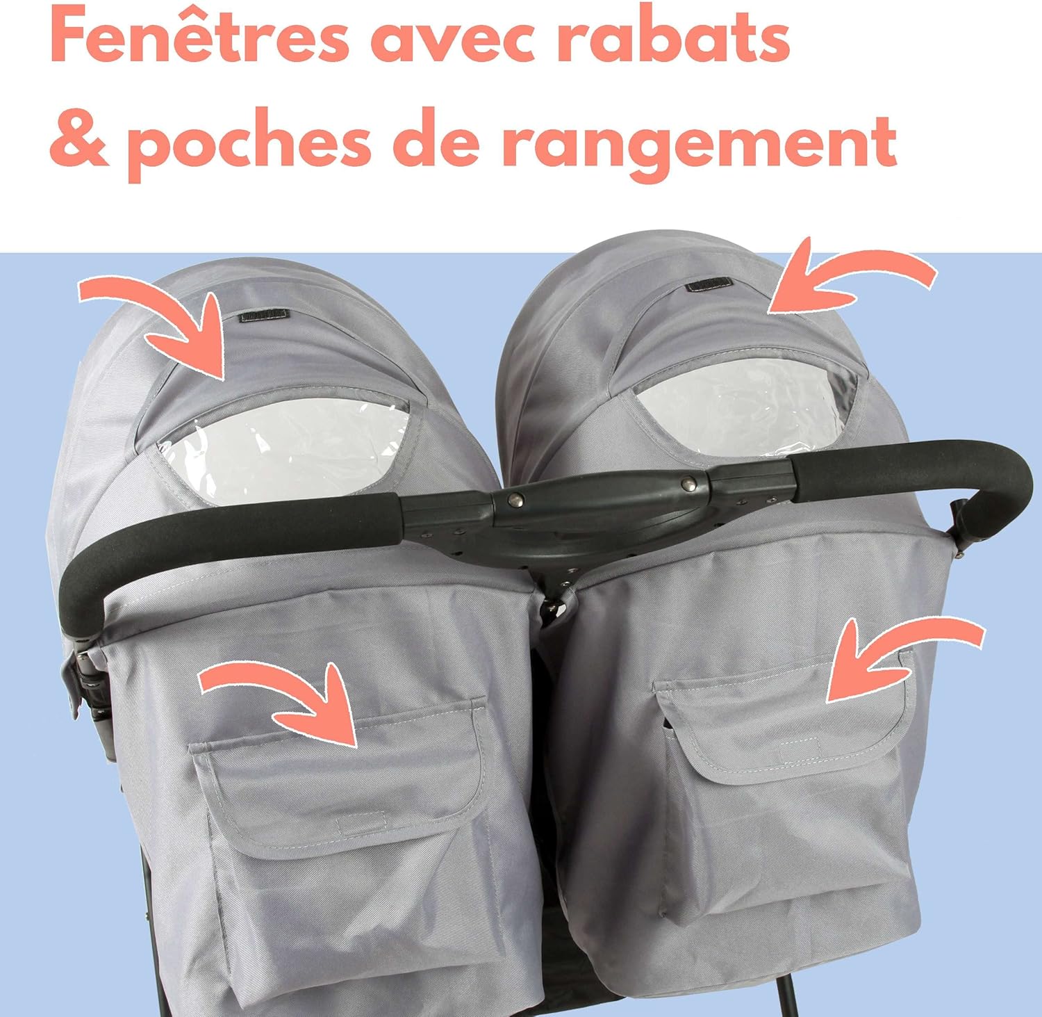 Poussette Double Côte à Côte, Pour Jumeaux dès la Naissance, Pliage Ultra-Compact, Noir Gris DS209