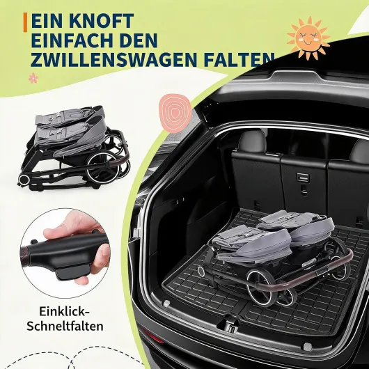 Poussette Double Ultra Légère Pliable Voyage UPF50 + Pare-Soleil,15L Giga Panier, Sièges Amovibles Déhoussables Poussette Évolutive Naissance à 3 Ans, Poussette Côte à Côte Passe Partout Gris Clair
