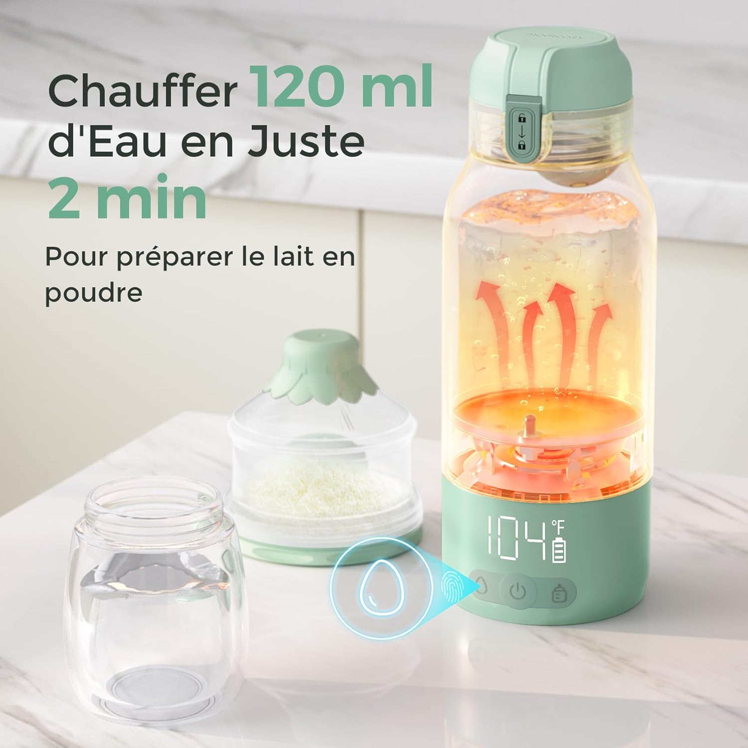 Chauffe Biberon Portable pour Nomade sans Fil, Chauffage Rapide et Longue Autonomie, 2 Modes de Chauffe pour Lait Maternel et Eau, Grande Capacité de 500ml pour Toute la Journée Vert