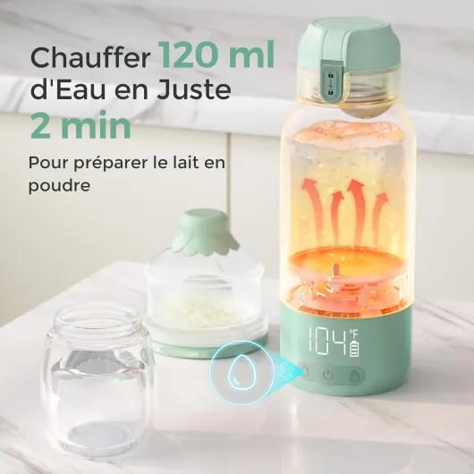 Chauffe Biberon Portable pour Nomade sans Fil, Chauffage Rapide et Longue Autonomie, 2 Modes de Chauffe pour Lait Maternel et Eau, Grande Capacité de 500ml pour Toute la Journée Vert