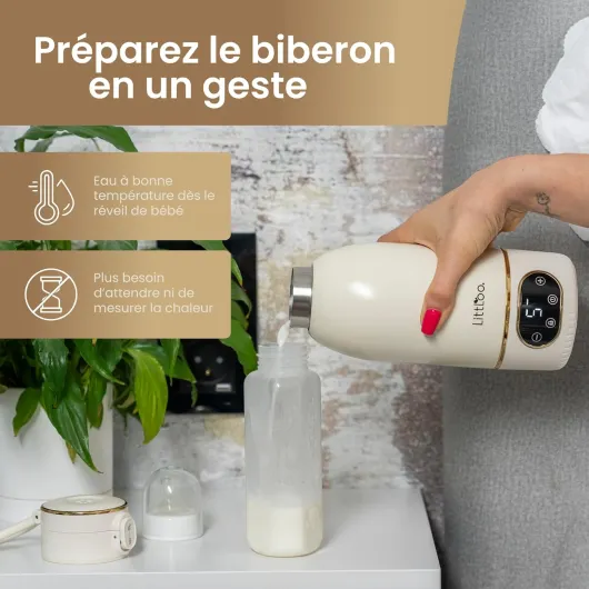 LittLoo Chauffe Biberon Sans Fil Portable, 500ml, Nomade USB-C, Température Réglable 35-65°C, Pasteurisation, Inox SUS316 Sans BPA, Autonomie 8 Biberons, Voyage Voiture Nuit, Lait Maternel