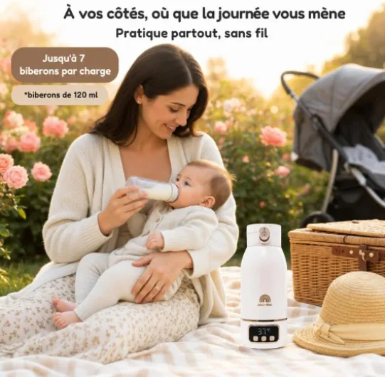 Chauffe biberon Nomade Portable Sans Fil 500 ml, Inox, Chauffe Lait Maternel & Eau, Auto-Pasteurisation, Voyage Voiture Nuit, Brosse Silicone Incluse