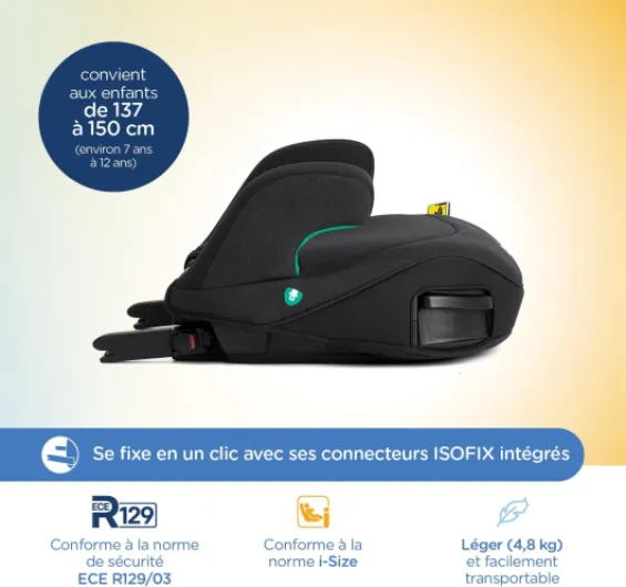 I-Chapp FX – Rehausseur Isofix sans dossier i-Size 137-150 cm – Compact 4,8 kg, installation facile – 2 porte-gobelets rétractables – Conforme ECE R129 – Coloris RAVEN