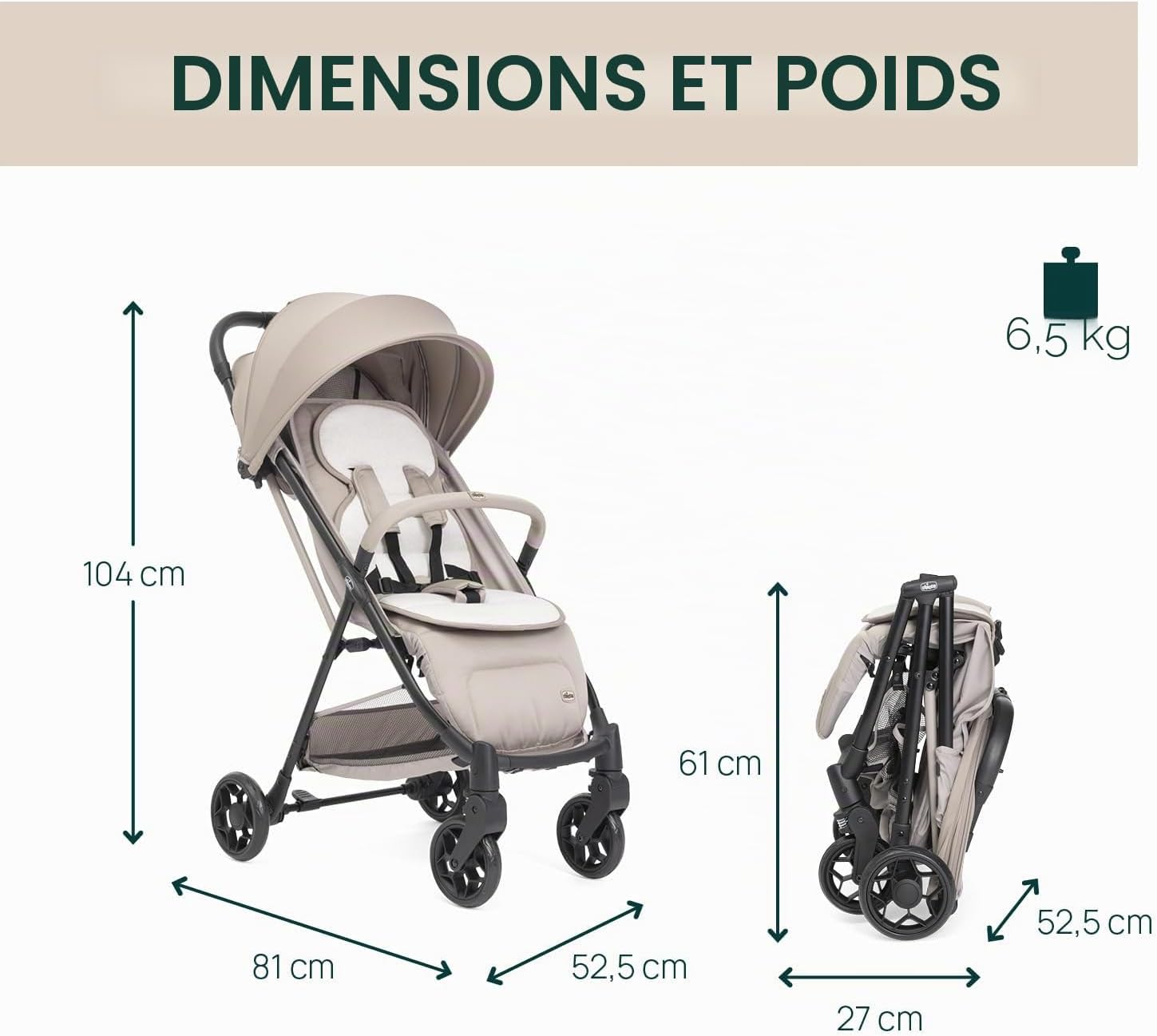 Poussette Canne Taormina, 0+ Mois - 22 Kg, Poussette Bebe Légere et Compacte, Confortable, Pliage d'une seule main, Capote Extensible avec Protection Contre la Pluie UV50+, Repose-Jambes, Beige