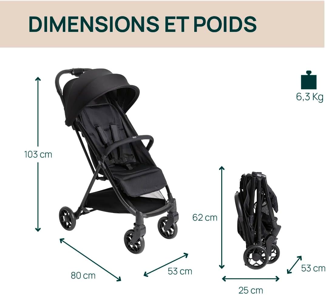 Poussette Urbino, 0 plus Mois - 22 Kg, Poussette Bebé Légere et Compacte, Confortable, Pliage d'une seule main, Capote Extensible avec Protection Contre la Pluie UV50 Plus, Repose-Jambes, Noir