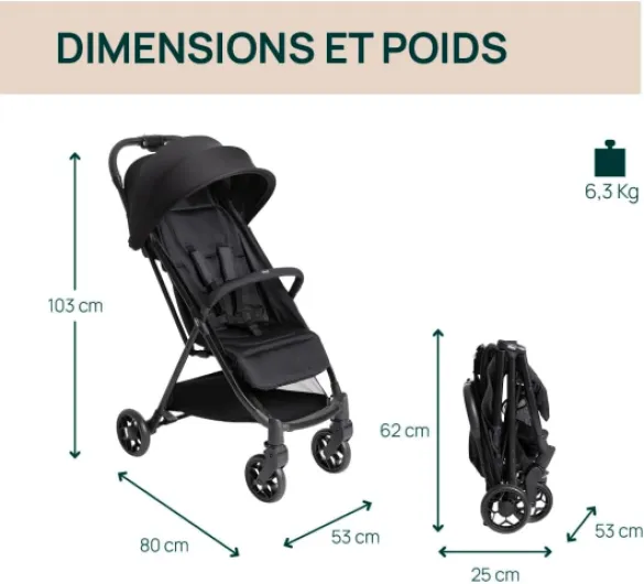 Poussette Urbino, 0 plus Mois - 22 Kg, Poussette Bebé Légere et Compacte, Confortable, Pliage d'une seule main, Capote Extensible avec Protection Contre la Pluie UV50 Plus, Repose-Jambes, Noir