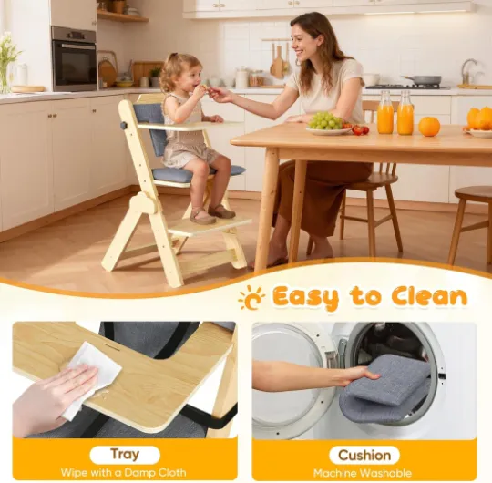Chaise Haute Bébé Evolutive – Avec Coussin, Plateau Repas, Arceau de Sécurité, Harnais 5 Points et Sangle d’Entrejambe,en Bois Naturel, Chaise d'alimentation, Évolutive, Réglable