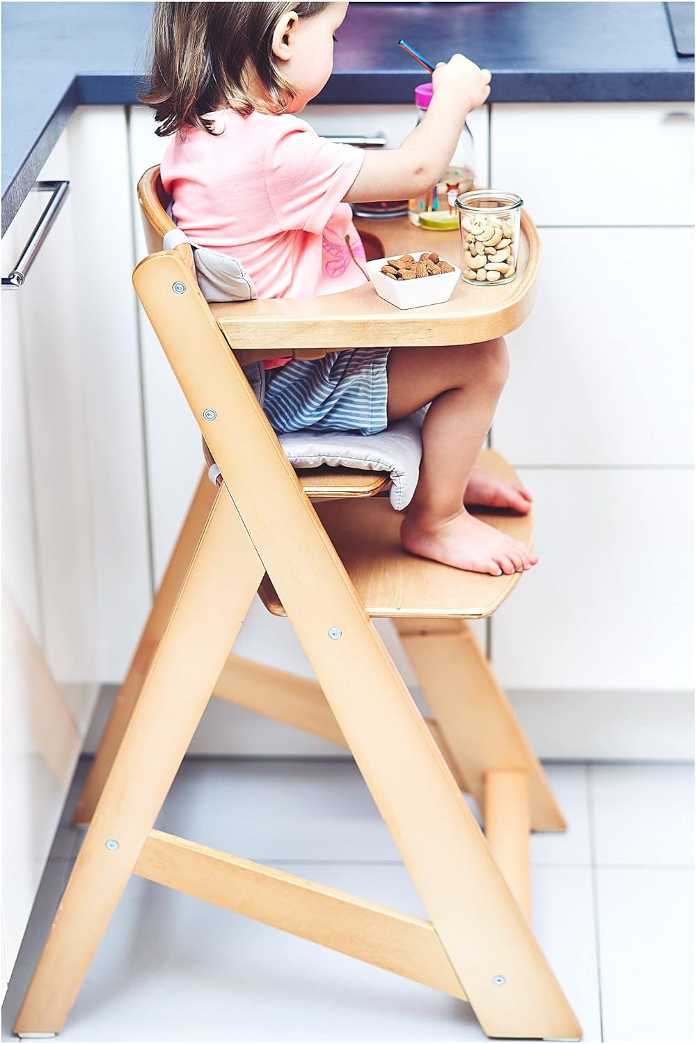 Moby-System Chaise Haute Bébé Évolutive en Bois - Réglable 12 Niveaux, Harnais à 3 Points, 2 Coussins et Plateau - Pour Enfants 6 Mois à 12 Ans (15 kg max) Chaise Haute - Plateau Amovible & Coussin