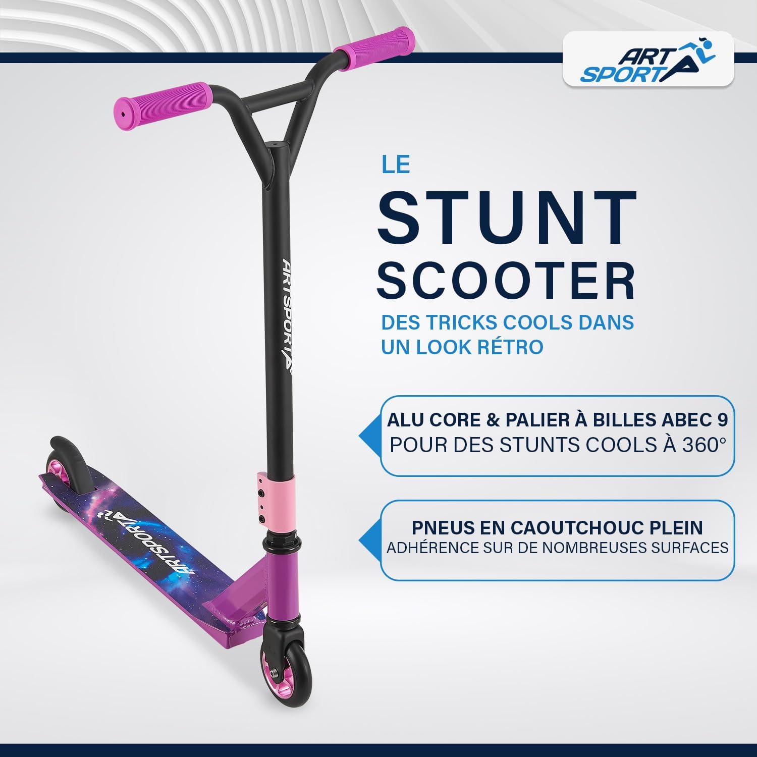 ArtSport Trottinette Freestyle avec Guidon à 360°, roulement à Billes ABEC 9, Roues en PU de 100 mm et Bande antidérapante, patinette pour Enfants, Figures et Stunt Galactic Cruiser