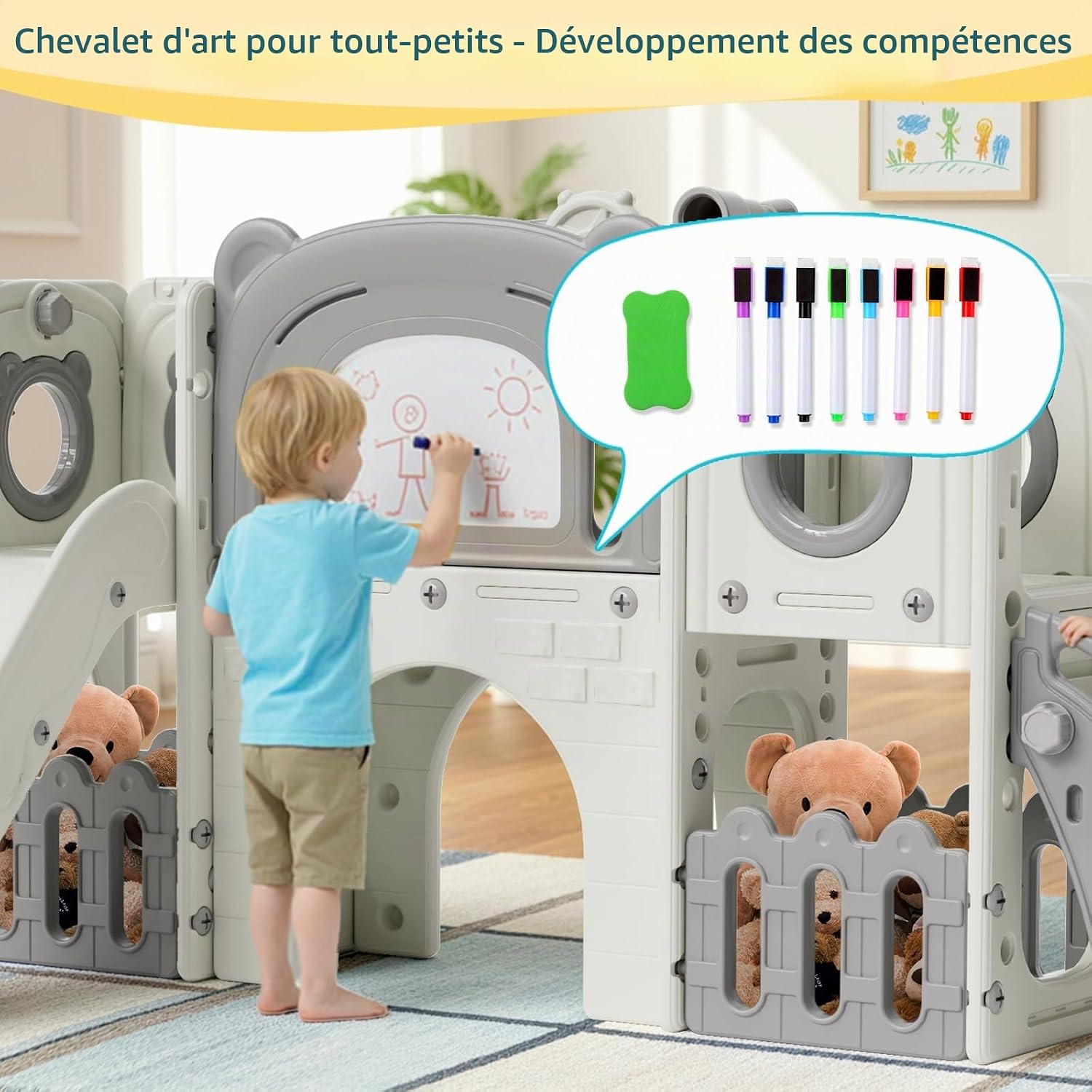 10 en 1 Toboggan pour Tout-Petits, Toboggan Enfant Panier de Basket et Télescope, Jeu Exterieur Enfant, Aire de Jeux Intérieure et Extérieure, Stockage et Tunnel, mit 4PCS Moduls, Gris et Blanc