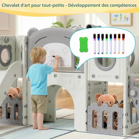 10 en 1 Toboggan pour Tout-Petits, Toboggan Enfant Panier de Basket et Télescope, Jeu Exterieur Enfant, Aire de Jeux Intérieure et Extérieure, Stockage et Tunnel, mit 4PCS Moduls, Gris et Blanc